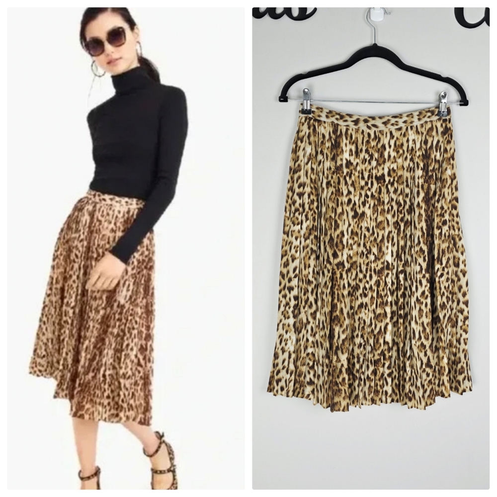 J. Crew Leopard Print Pleated‎ Midi Skirt Size 0